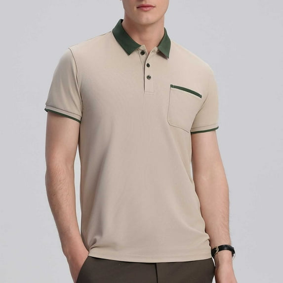 Mens Shirts Clearance Short Sleeve Button Pocket Turndown Collar POLO Solid-Color Casual Lapel Shirt Khaki XXXL
