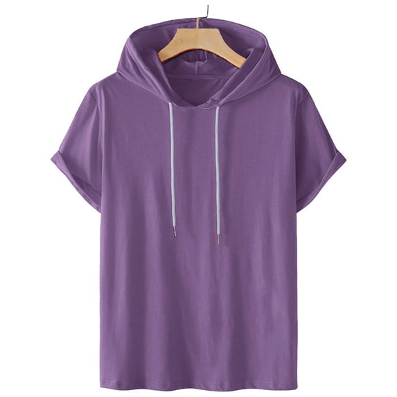 Mens Shirts Short Sleeve Hooded Solid Pullover Casual Sports T-Shirt Purple 3XL