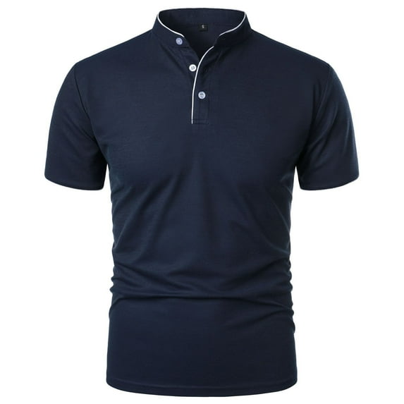 Mens Shirts Short Sleeved Buttons Stand Up Collar Solid Color Shirt Navy XL