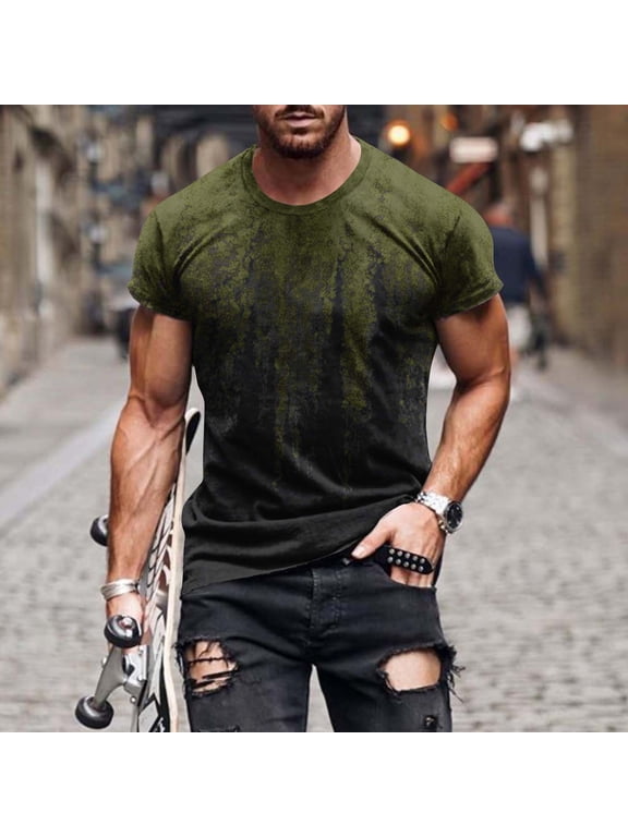 Mens Shirts Short Sleeves Round Neck Casual Printing Pullover Fitness Sports T-Shirt Army Green XL