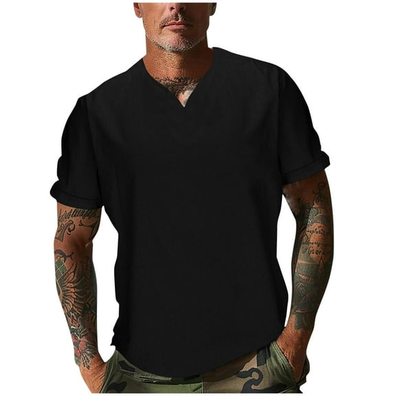 Mens Shirts Clearance Short-sleeved V-neck Casual Solid With Pockets Sports Fitness Training T-shirt Black XL