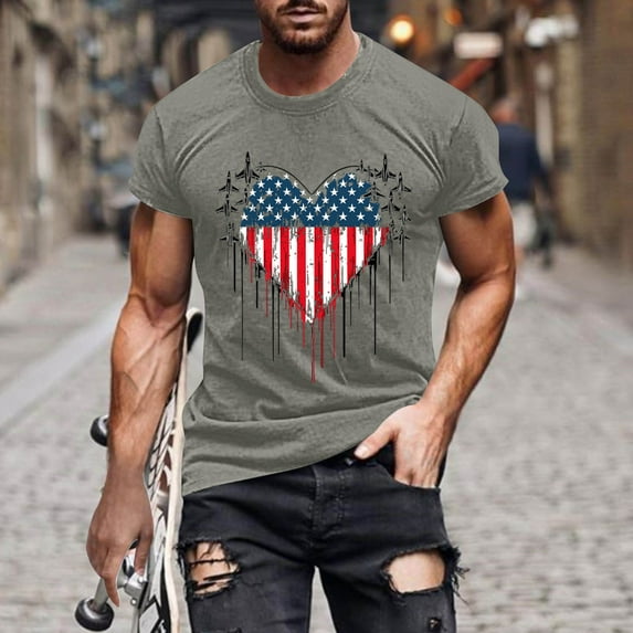 Mens Shirts Clearance under $5.00 Independence Day Printing Short Sleeve Round Neck Shirts for Men Pullover Men's T-Shirt Shirts for Men Gray XXXXL