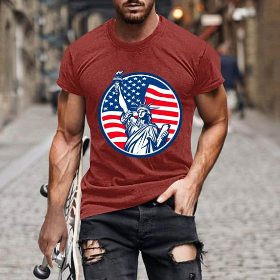 Mens Shirts Clearance under $5.00 Independence Day Printing Short Sleeve Round Neck Shirts for Men Pullover Men's T-Shirt Shirts for Men Red XXXL