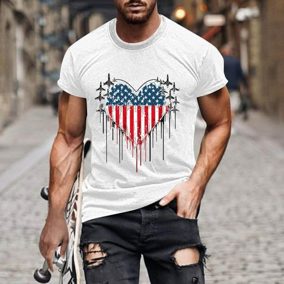 Mens Shirts under $5.00 Independence Day Printing Short Sleeve Round Neck Shirts for Men Pullover Men's T-Shirt Shirts for Men White XXXXL