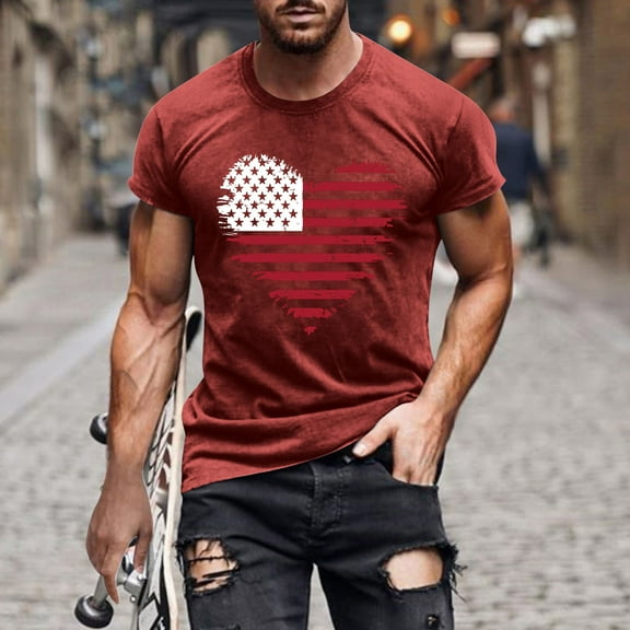 Mens Shirts under $5.00 Independence Day the United States Flag Print Short Sleeve Round Neck Pullover T-Shirt Red XXXL