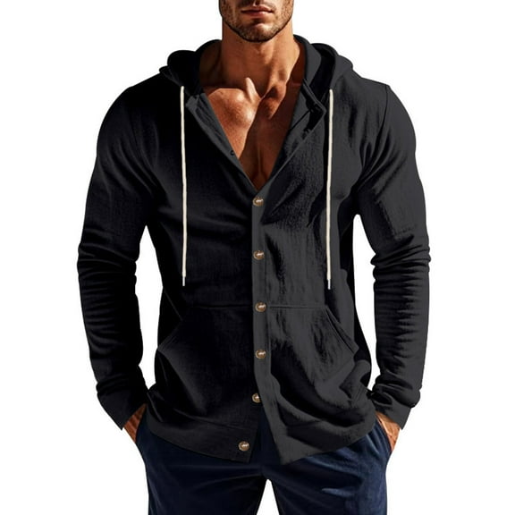 Mens Shirts Clearance under $5.00 Men Linen Fashion Casual Pocket Solid Button Hooded Long Sleeve Shirts