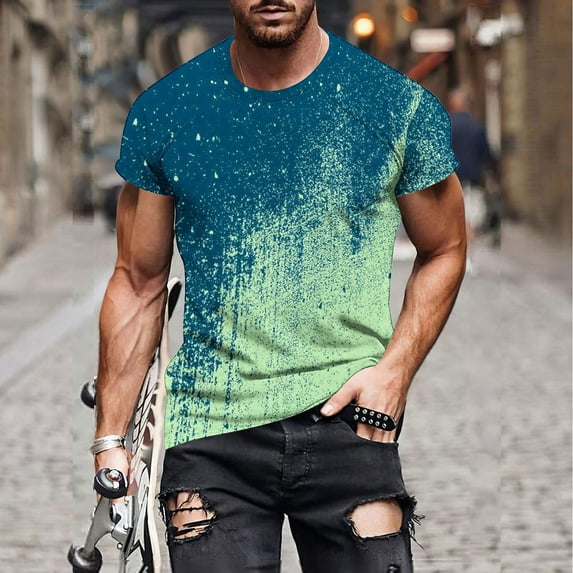 Mens Shirts under $5.00 Short Sleeve Round Neck Print T-shirt Blue 2XL