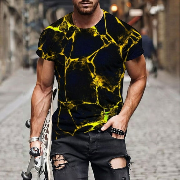 Mens Shirts under $5.00 Short Sleeve Round Neck Print T-shirt Yellow 2XL