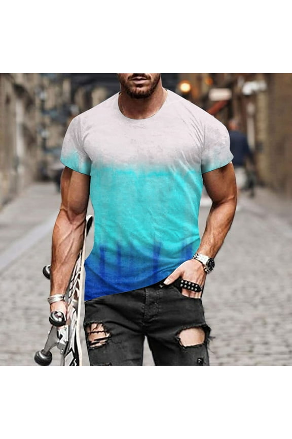 Mens Shirts under $5.00 Short Sleeve Round Neck Printing Pattern T-shirt Blue 2XL