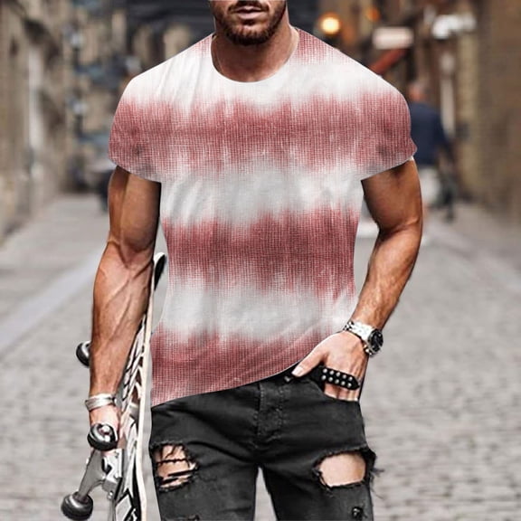 Mens Shirts under $5.00 Short Sleeve Round Neck Printing Pattern T-shirt Pink 4XL