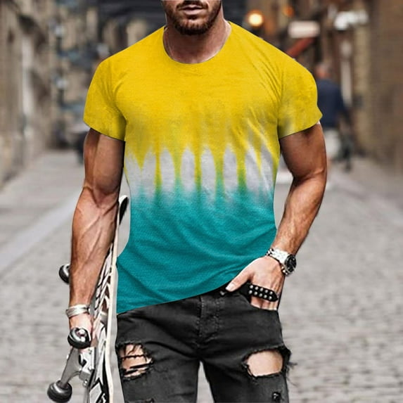 Mens Shirts under $5.00 Short Sleeve Round Neck Printing Pattern T-shirt Yellow 2XL