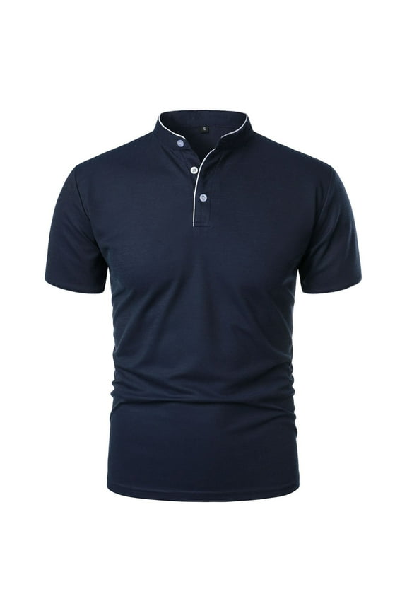 Mens Shirts under $5.00 Short Sleeved Buttons Stand Up Collar Solid Color Shirt Navy 2XL