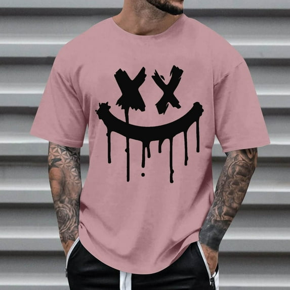 Mens Shirts Clearance under $5.00 Short Sleeved Round Neck Printed T-shirt Pink 5XL