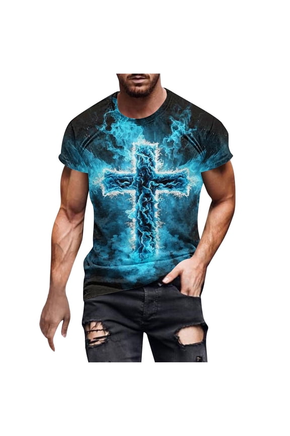 Mens Shirts Comfortable Crew Neck Basic Cross Printed Mens Clothing,Blue,XL