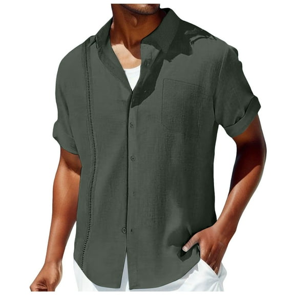 Mens Shirts Cuban Guayabera Short Sleeve Button Down Beach Mens Clothing,Dark Gray,L