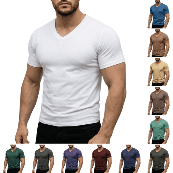 Mens Shirts Fashion Casual Short Sleeve V Neck Tshirts Stretch Lightweight Gym Athletic Slim Fit Summer Tee Shirts White S