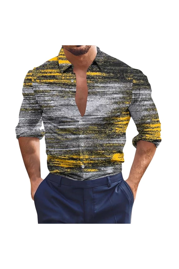 Mens Shirts Fashion Long Sleeve Camo Digital Printing Shirts for Men Plus Size Lapel Collar Mens Dress Shirts Stylish Big & Tall Button Up Daily Hawiian Shirt for Men(,Yellow,XL)