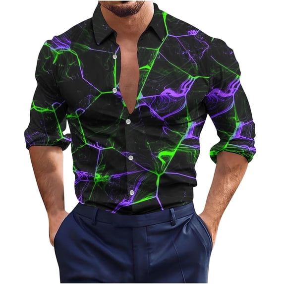 Mens Shirts Fashion Long Sleeve Digital Printing Shirts for Men Plus Size Lapel Collar Mens Dress Shirts Stylish Big & Tall Button Up Daily Hawiian Shirt for Men(Clearance-Sale,Purple,2XL)