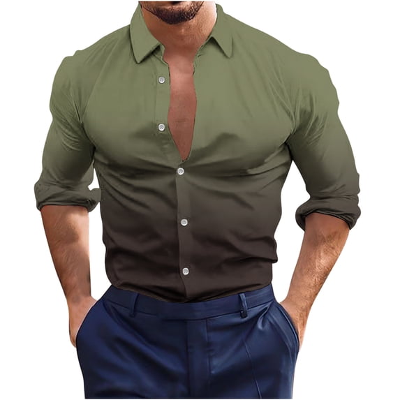 Mens Shirts Fashion Long Sleeve Gradient Digital Printing Shirts for Men Plus Size Lapel Collar Mens Dress Shirts Stylish Fitted Softy Work Hawiian Shirt for Men(Clearance-Sale,Army Green,M)