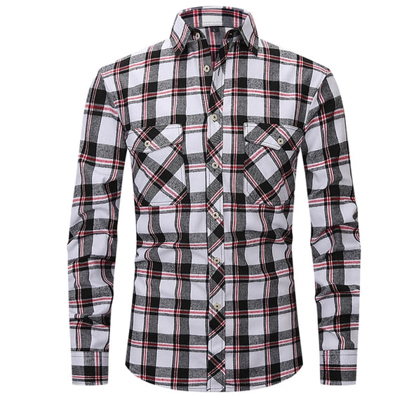 Mens Shirts Fashion Long Sleeve Plaid Pattern Shirts for Men Lapel Collar Mens Dress Shirts Trendy Fitted Button Up Work Tops(Clearance-Sale,White,S)