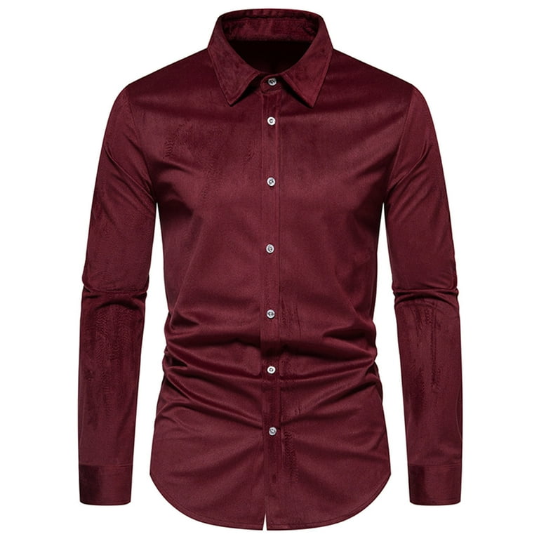 Mens Shirts Fashion Long Sleeve Solid Color Shirts for Men Lapel Collar Mens Dress Shirts Trendy Fitted Button Up Work Tops Clearance Sale Wine S Walmart