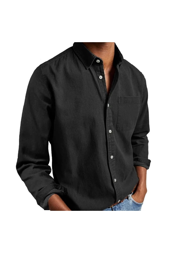 Mens Shirts Fashion Top Comfortable Solid Color Button Long Sleeve Tops Mens Summer Clothing,Black,L