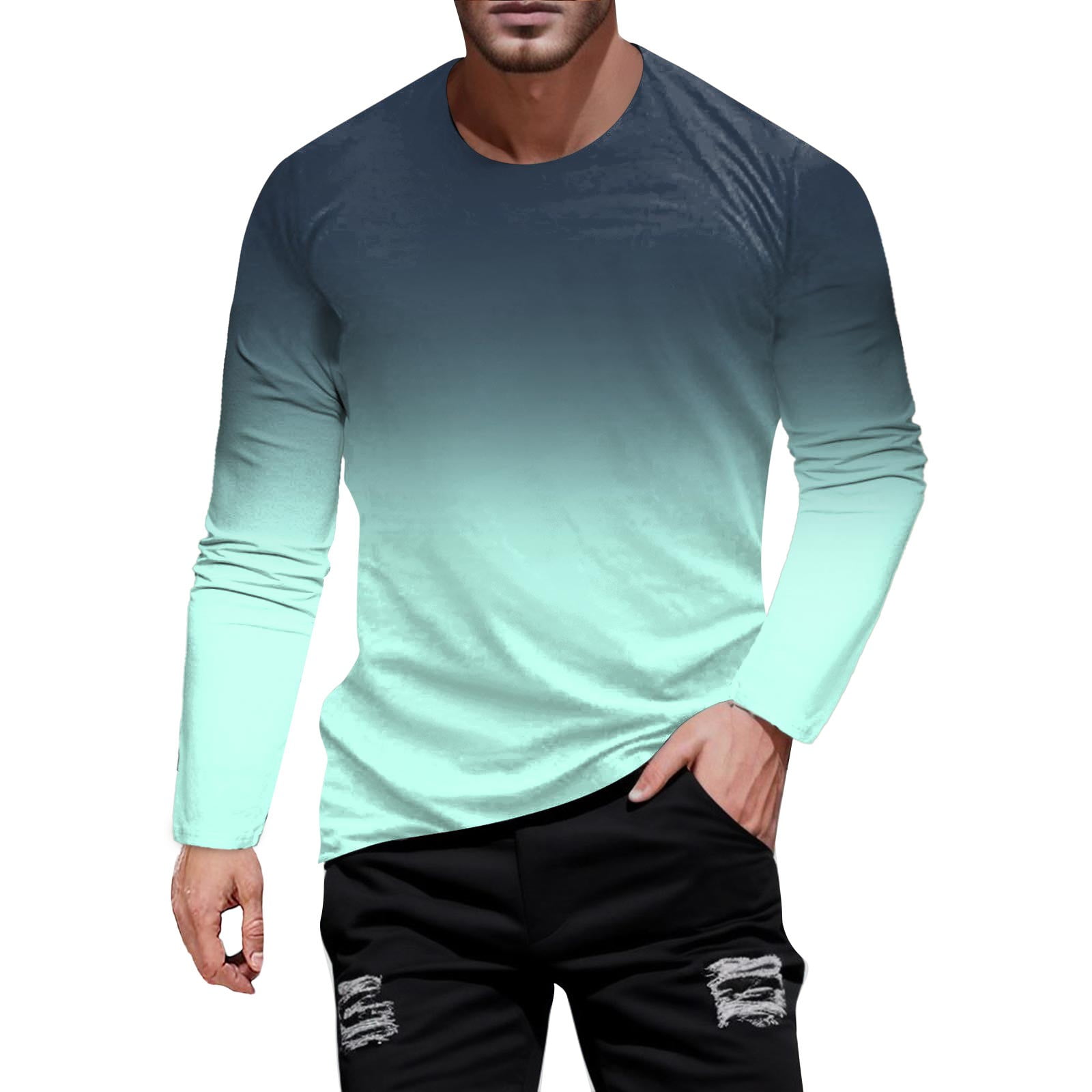 Mens Shirts Fitness Long Sleeve Running Sports Gradient Color Muscle