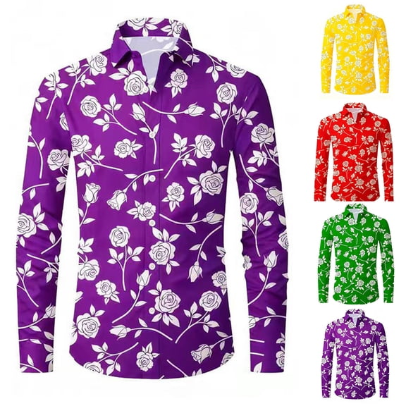 Mens Shirts Floral Stylish Oversize Digital Print Long Sleeve Button Down Lapel Top Casual Comfortable Shirt for Men Red XL