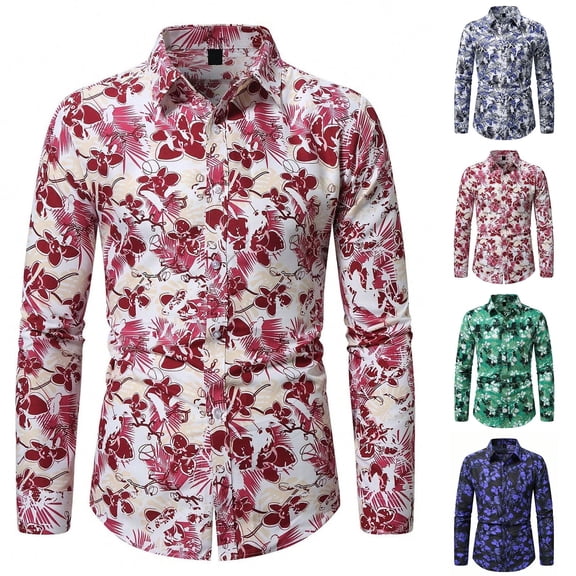 Mens Shirts Full Floral Print 2026 Stylish Slim Fitted Long Sleeve Lapel Top Casual Comfortable Shirt for Men Dark Purple XS