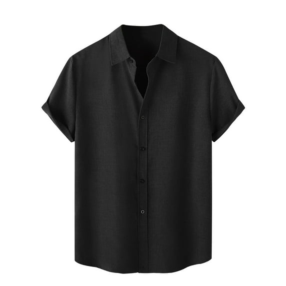 Mens Shirts Gifts for Men Men's Spring Summer Casual Linen Solid Color Short Sleeve Shirt Loose Turn-down Collar Shirt Black Linen 3X