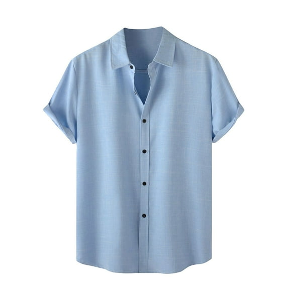 Mens Shirts Gifts for Men Men's Spring Summer Casual Linen Solid Color Short Sleeve Shirt Loose Turn-down Collar Shirt Blue Linen L