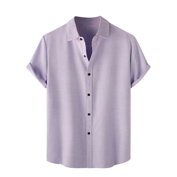 Mens Shirts Gifts for Men Men's Spring Summer Casual Linen Solid Color Short Sleeve Shirt Loose Turn-down Collar Shirt Purple Linen M