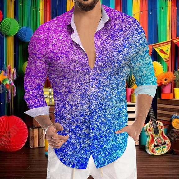 Mens Shirts Glitter Sequin Print Party Long Sleeve Button Down Top Casual Carnival Festival Celebration Comfortable Shirt for Men Purple S