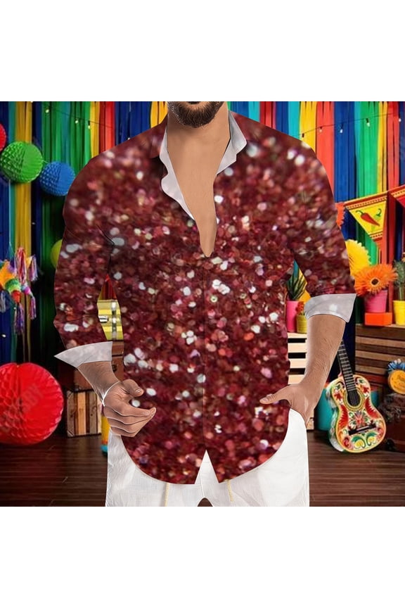 Mens Shirts Glitter Sequin Print Party Long Sleeve Button Down Top Casual Carnival Festival Celebration Comfortable Shirt for Men M