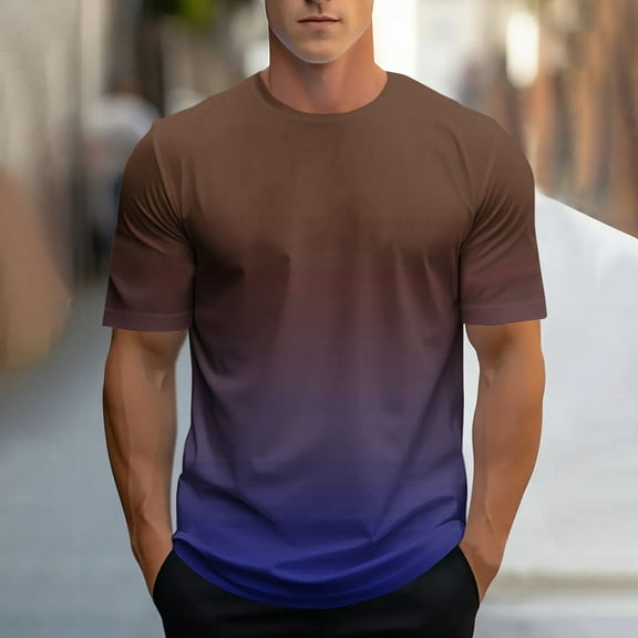 Mens Shirts Gradient Print Sports T-shirt Short Sleeve Round-Neck Casual Blouses Shirts Brown M T-shirts for Men