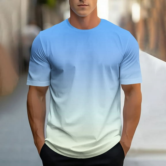 Mens Shirts Gradient Print Sports T-shirt Short Sleeve Round-Neck Casual Blouses Shirts Sky Blue M T-shirts for Men