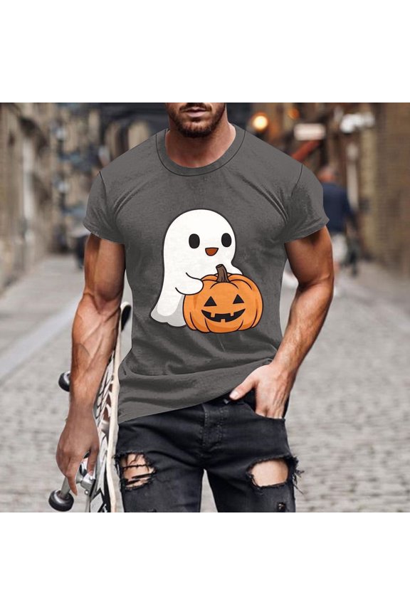 Mens Shirts Halloween Ghost Pumpkin T-shirt Short Sleeved Printed Round Neck Blouses Dark Gray M T-shirts for Men
