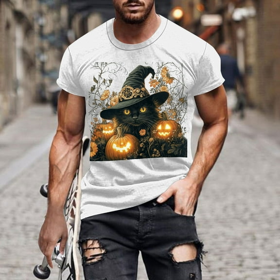 Mens Shirts Halloween Ghost Pumpkin T-shirt Short Sleeved Printed Round Neck Blouses White M T-shirts for Men