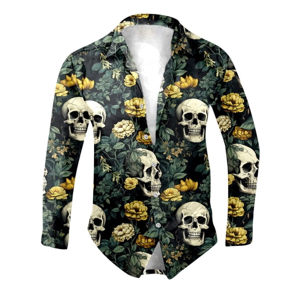 Mens Shirts Halloween Print Celebration Long Sleee Button Down Lapel Blouses Casual Loose Lightweight Mens Dress Shirts Dark Green M