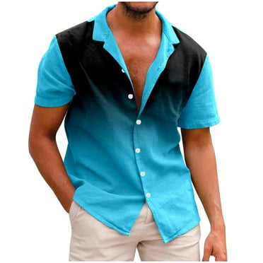 Mens Shirts,Hawaiian Shirt for Men,Mens Holiday Seaside Leisure Loose Button Stand Gradient Printed Shirt Lapel Short Sleeve Tops,Shirts for Men,Tank Tops Men(Color:Sky Blue,Size:L)