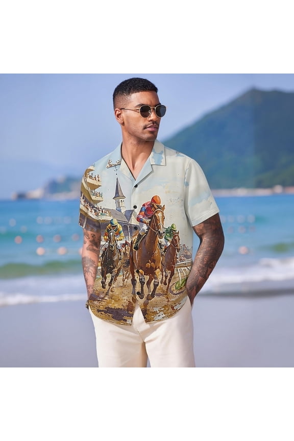 Mens Shirts Horse Print Short Sleeve Button Down Collar Casual Loose Summer Regular Fit Beach Hawaiian Khaki Shirt