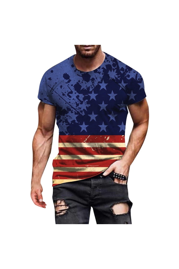 Mens Shirts Independence Digital Day Printing Fashion Mens New Clothing,Blue,M