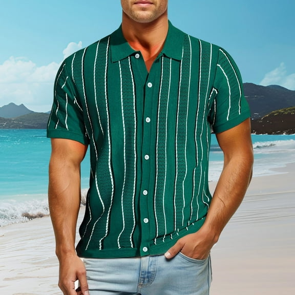 Mens Shirts Knitted Short Sleeve Button-Down Collared T-Shirts Stretchy Slim-Fit Breathable Stripe Printed Lapel Loungewear Beach Tees Tops