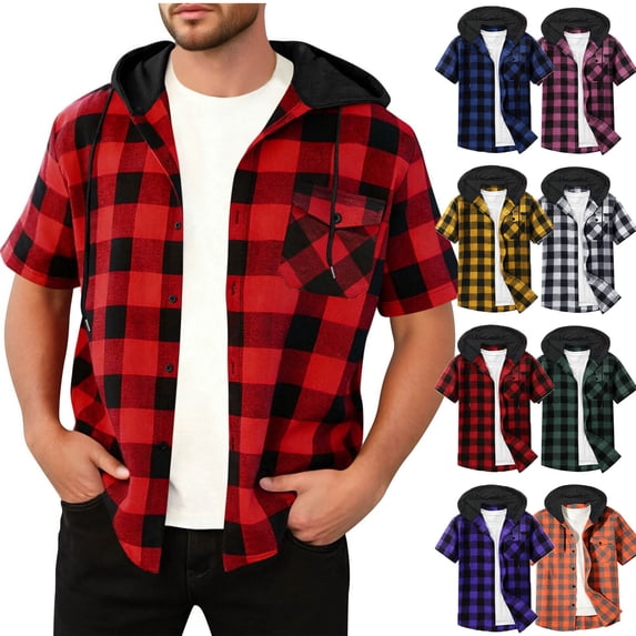 Mens Shirts, LONKITO Casual Button Down Shirts Short Sleeve Hooded Plaid Shirt with Pockets Drawstring