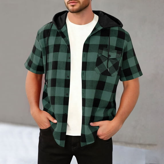 Mens Shirts, LONKITO Casual Button Down Shirts Short Sleeve Hooded Plaid Shirt with Pockets Drawstring