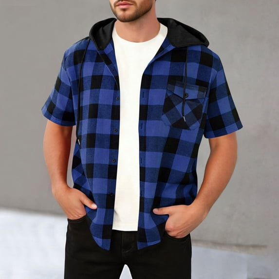 Mens Shirts, LONKITO Casual Button Down Shirts Short Sleeve Hooded Plaid Shirt with Pockets Drawstring