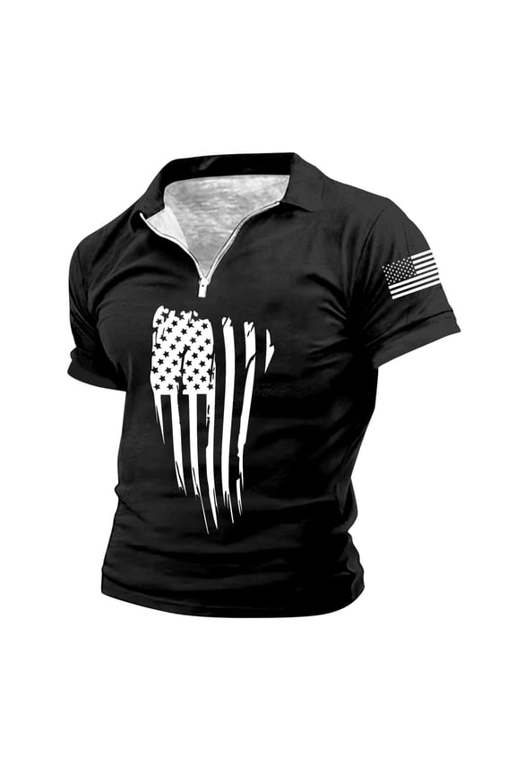 Mens Shirts Lapel Zipper Independence Day Flag Print Retro Short Sleeve Mens Rugby Shirt,Black,L