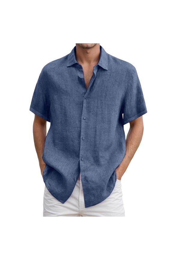 Mens Shirts,Linen Shirt Short Sleeve Shirt Button Up Loose Fit everyday wear Solid Color Linen Shirt for Spring Summer Fall,Men Shirts,2XL,Navy