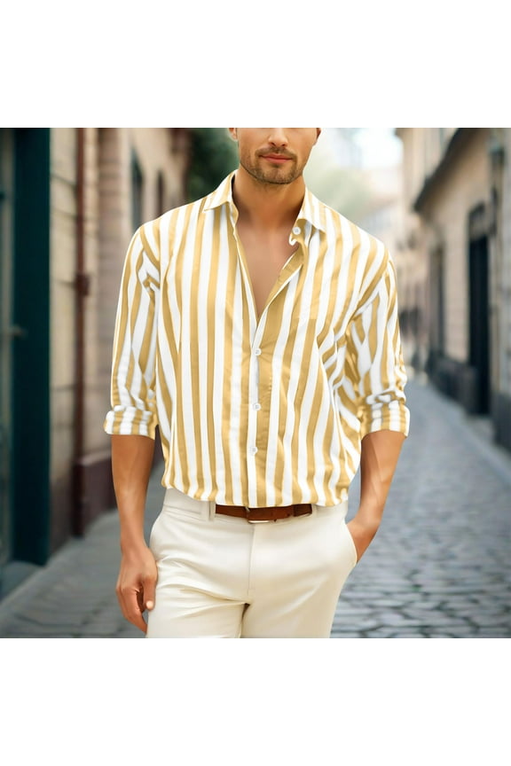 Mens Shirts Long Sleeve Button Down Cotton Blend Under $10 Casual Personality Stripe Button Pocket Lapel Fashion Long Sleeve Cardigan Shirt.