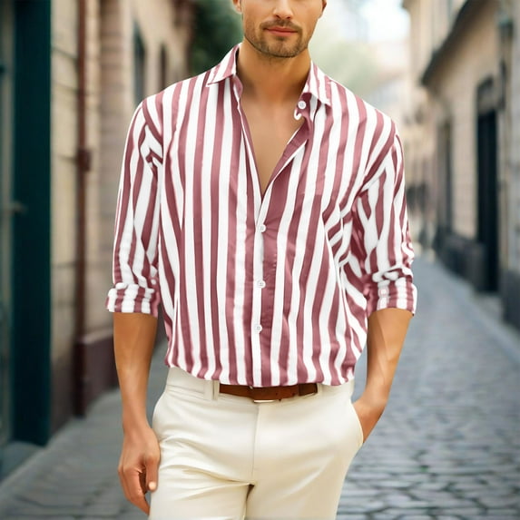 Mens Shirts Long Sleeve Button Down Cotton Blend Under $10 Casual Personality Stripe Button Pocket Lapel Fashion Long Sleeve Cardigan Shirt.